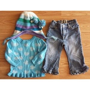 Girl's Size 12 M Months 3 Piece Children's Place Blue Heart Sweater, Jeans & Hat